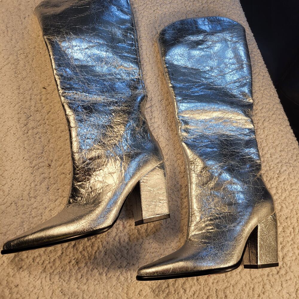 NEW Steve Madden Croft SILVER knee high heeled boots Women's SZ 5.5